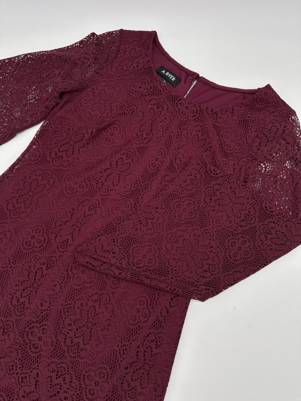 A. Byer Women's Floral Lace Flared Bell Sleeve A Line Mini Dress Size Small Wine